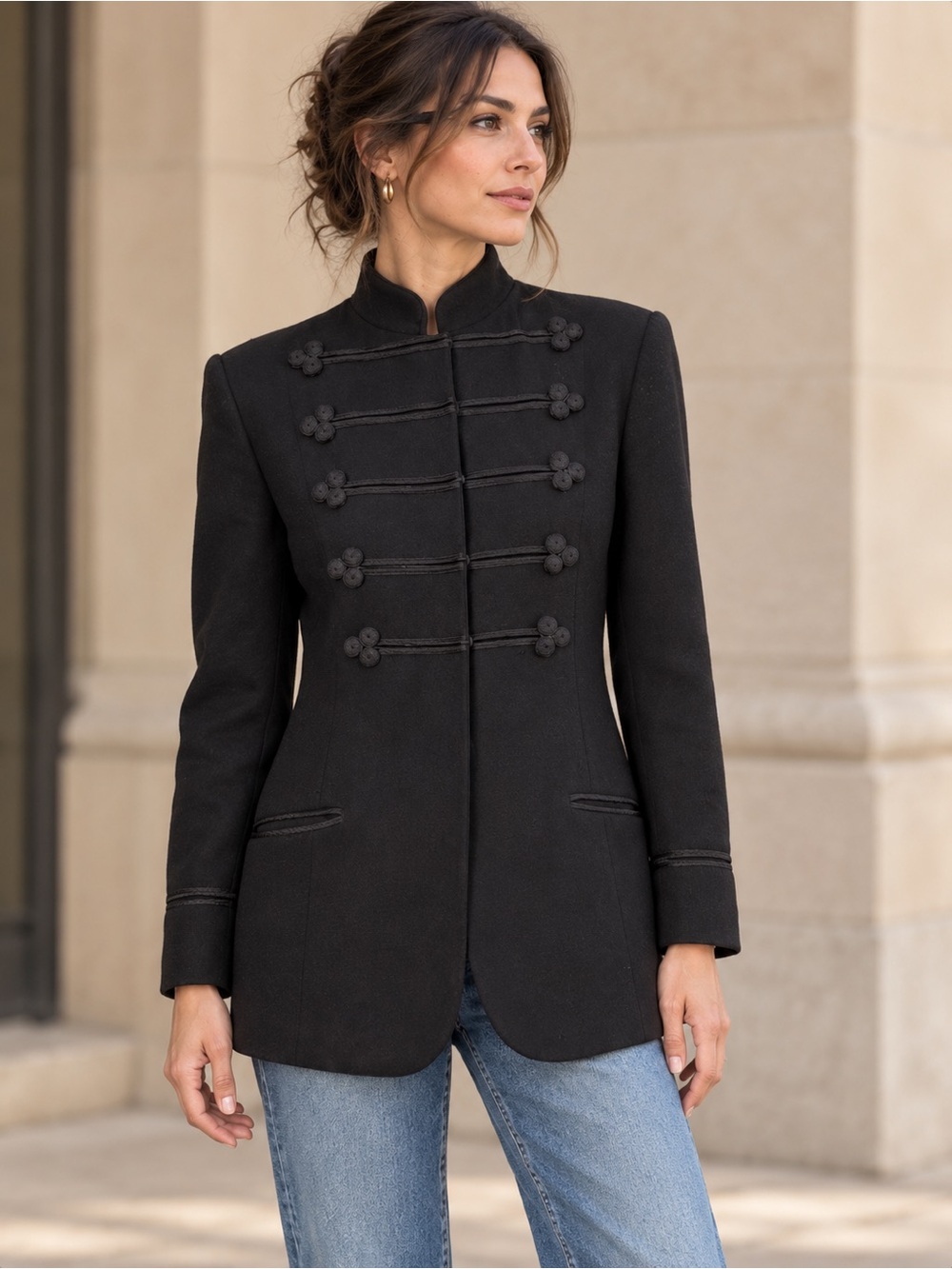 Valerie Stevens Black Wool Military Mandarin Collar Jacket Braided Petite 4